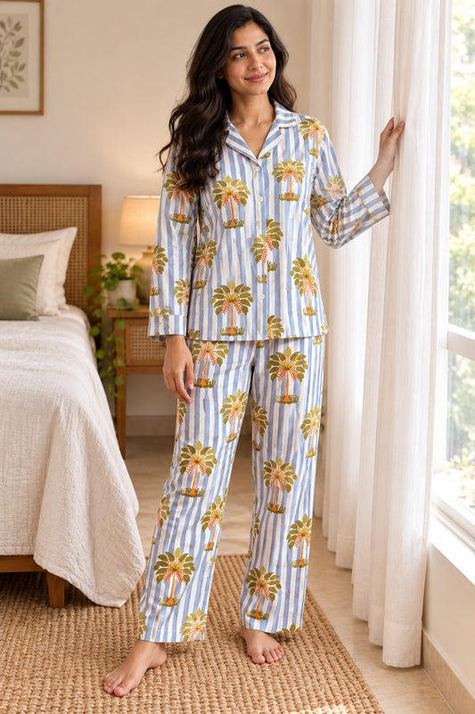 Grey Palm coast Cotton Nightwear for Women – Relaxed Fit Pajama Set