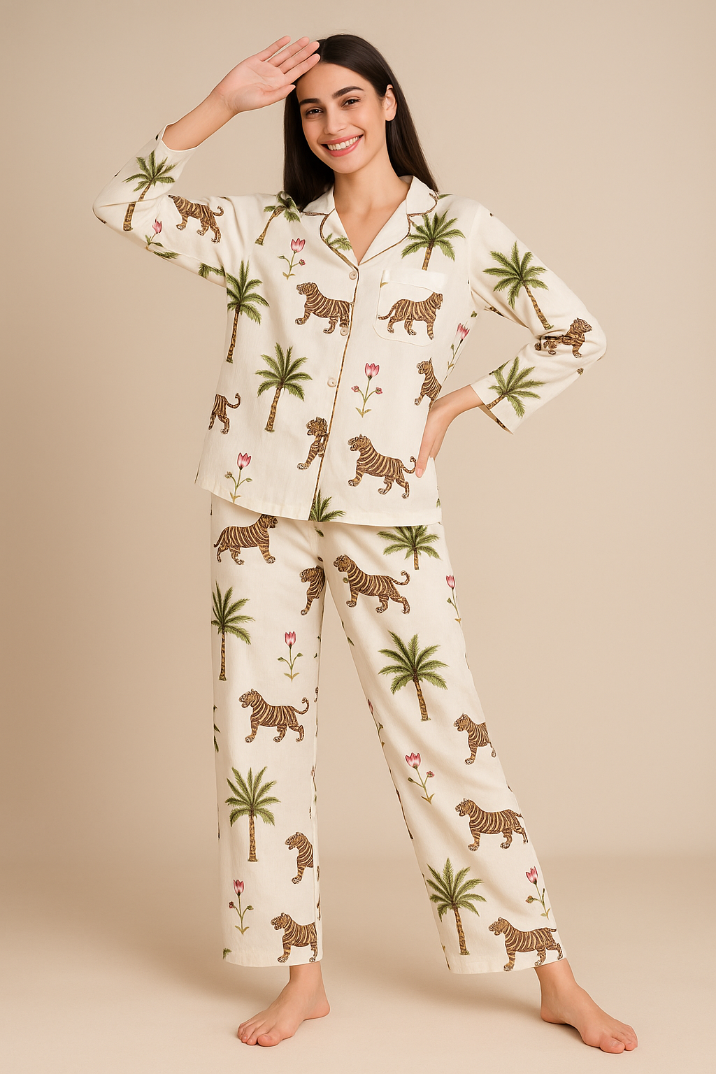 Women White Jungle  hand block print PJs
