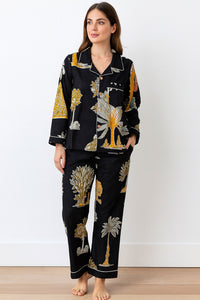 Twinning in Style – Handcrafted Black Jungle Palm Tree twinning Night Suits