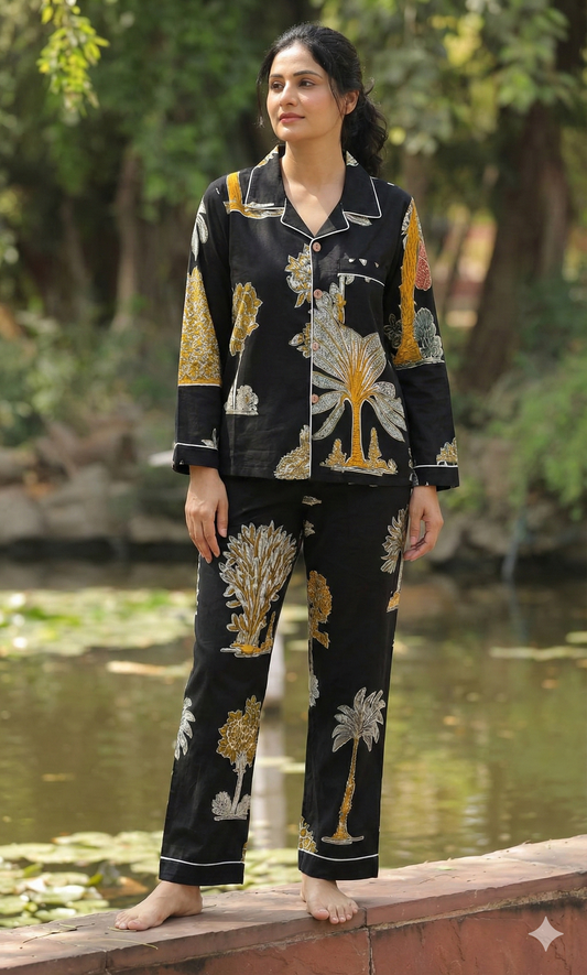 Women Handcrafted Black Jungle Palm Tree Night Suits