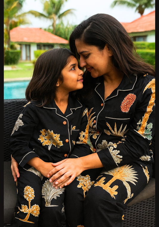 Twinning in Style – Handcrafted Black Jungle Palm Tree twinning Night Suits
