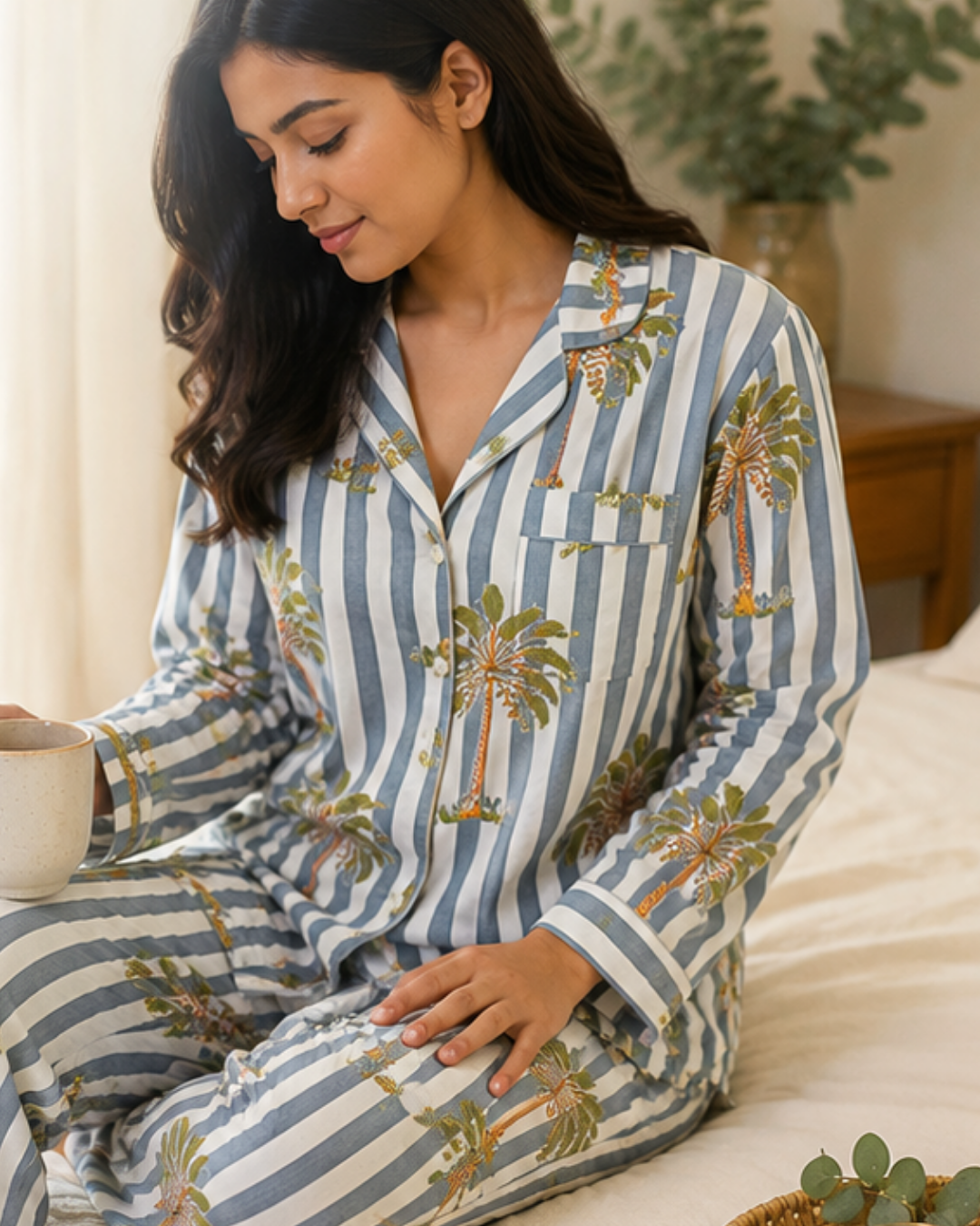 Grey Palm coast Cotton Nightwear for Women – Relaxed Fit Pajama Set