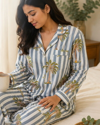 Grey Palm coast Cotton Nightwear for Women – Relaxed Fit Pajama Set