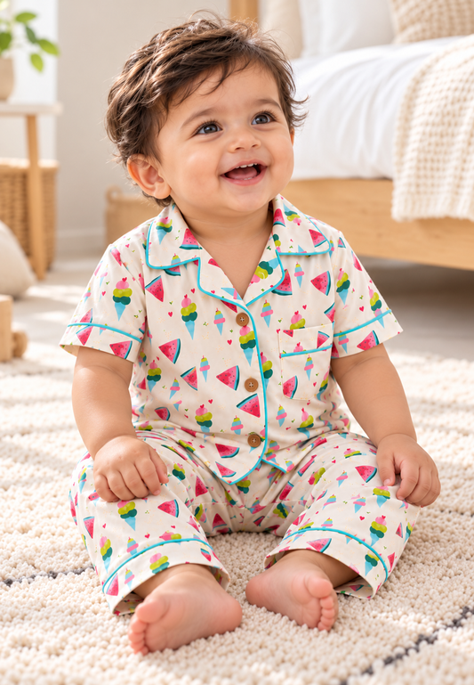 Multicolor Fruit Print Night Suit- Half Sleeve