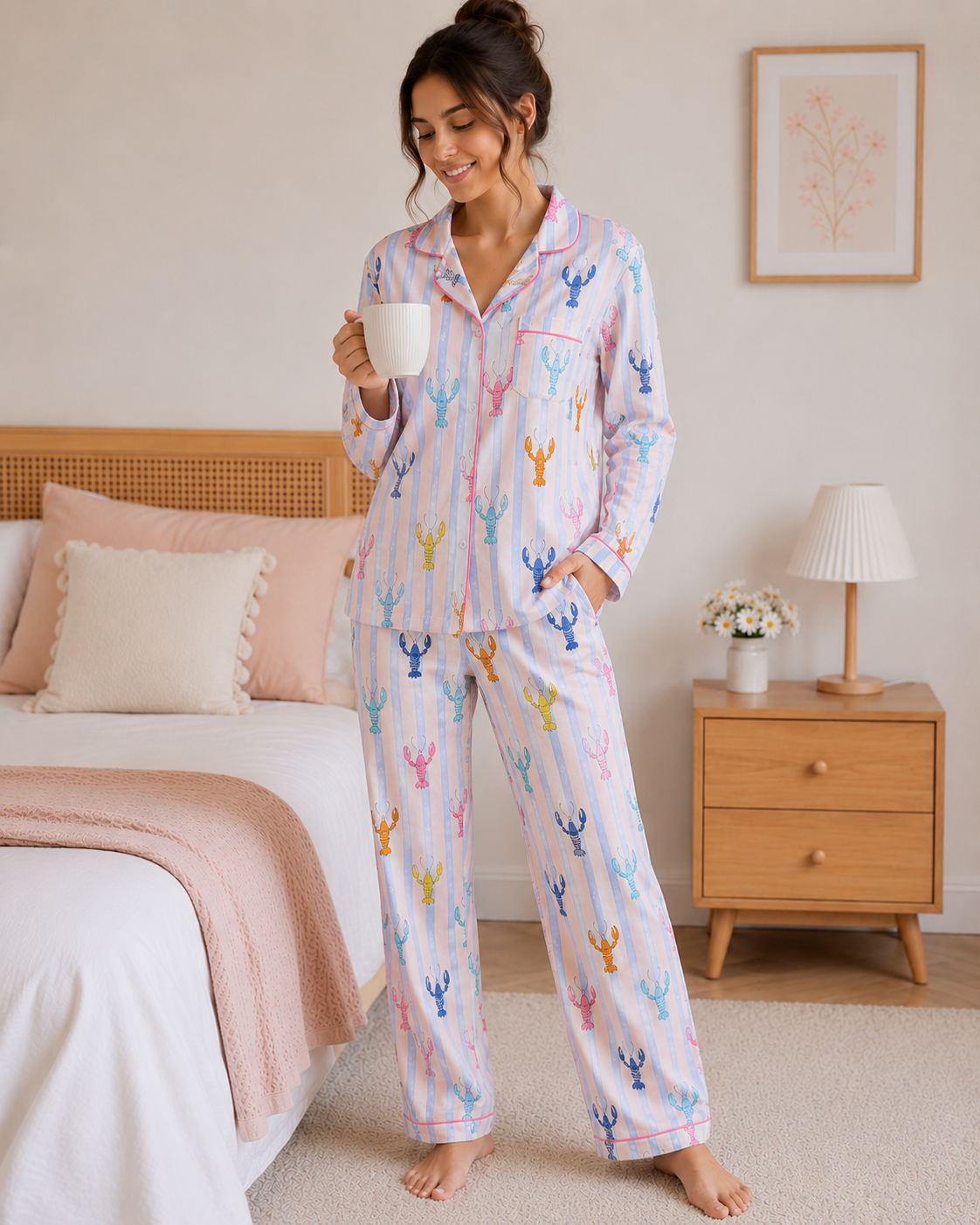 Pink Lobster Cotton Nightwear for Women – Relaxed Fit Pajama Set