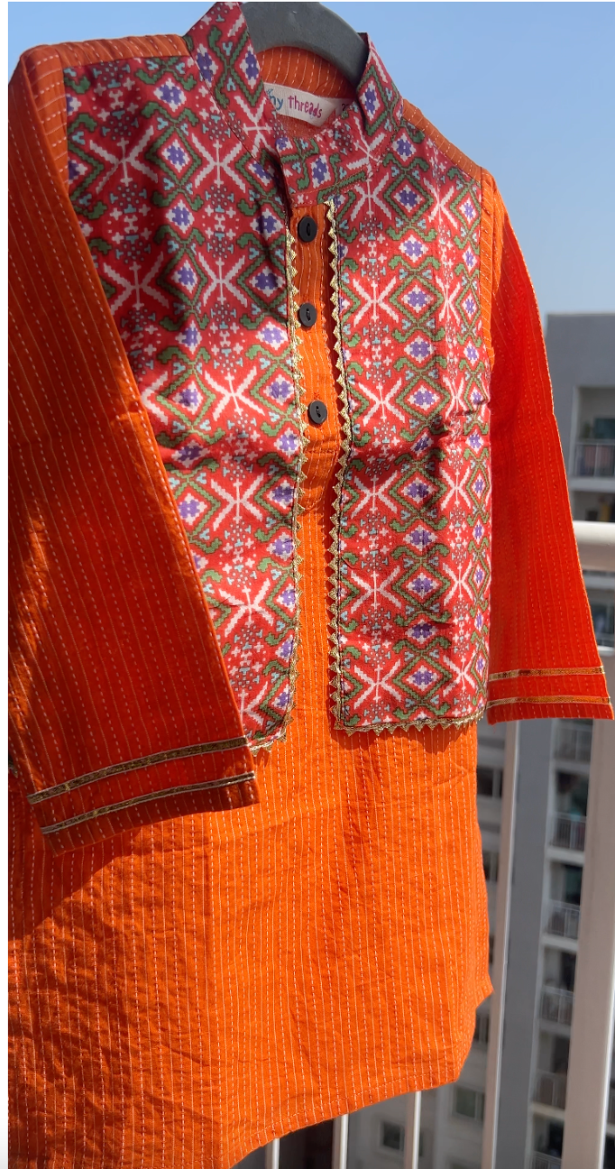 Kantha Handblock Print - Boys Ethnic Orange Kurta pajama set