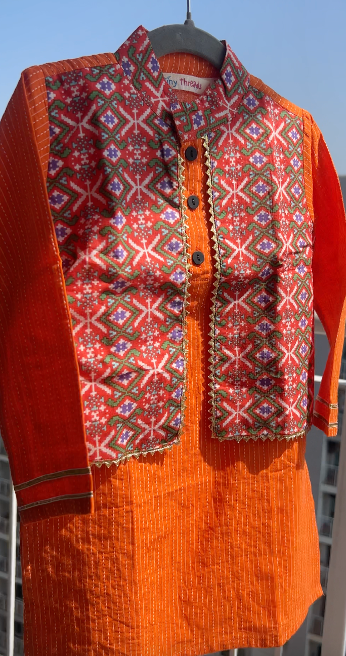 Kantha Handblock Print - Boys Ethnic Orange Kurta pajama set