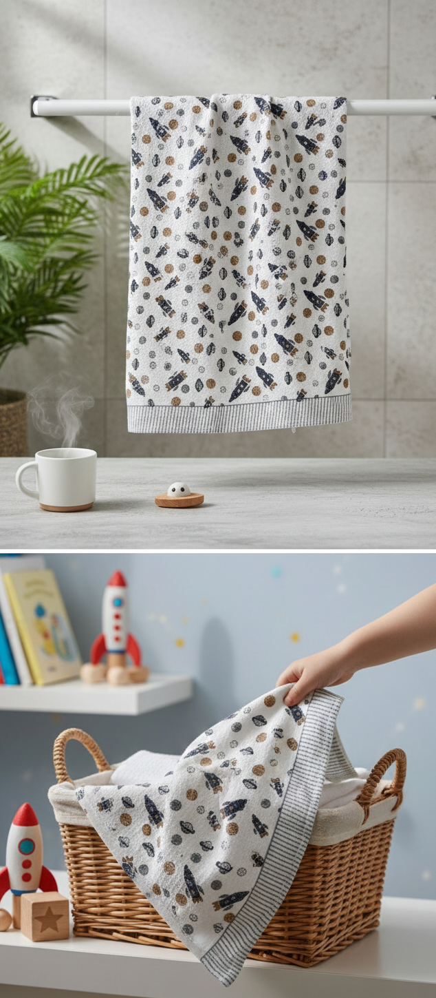 Patterned towel hanging on a rack with a cup and plant in the background, and a hand holding a folded towel over a wicker basket.