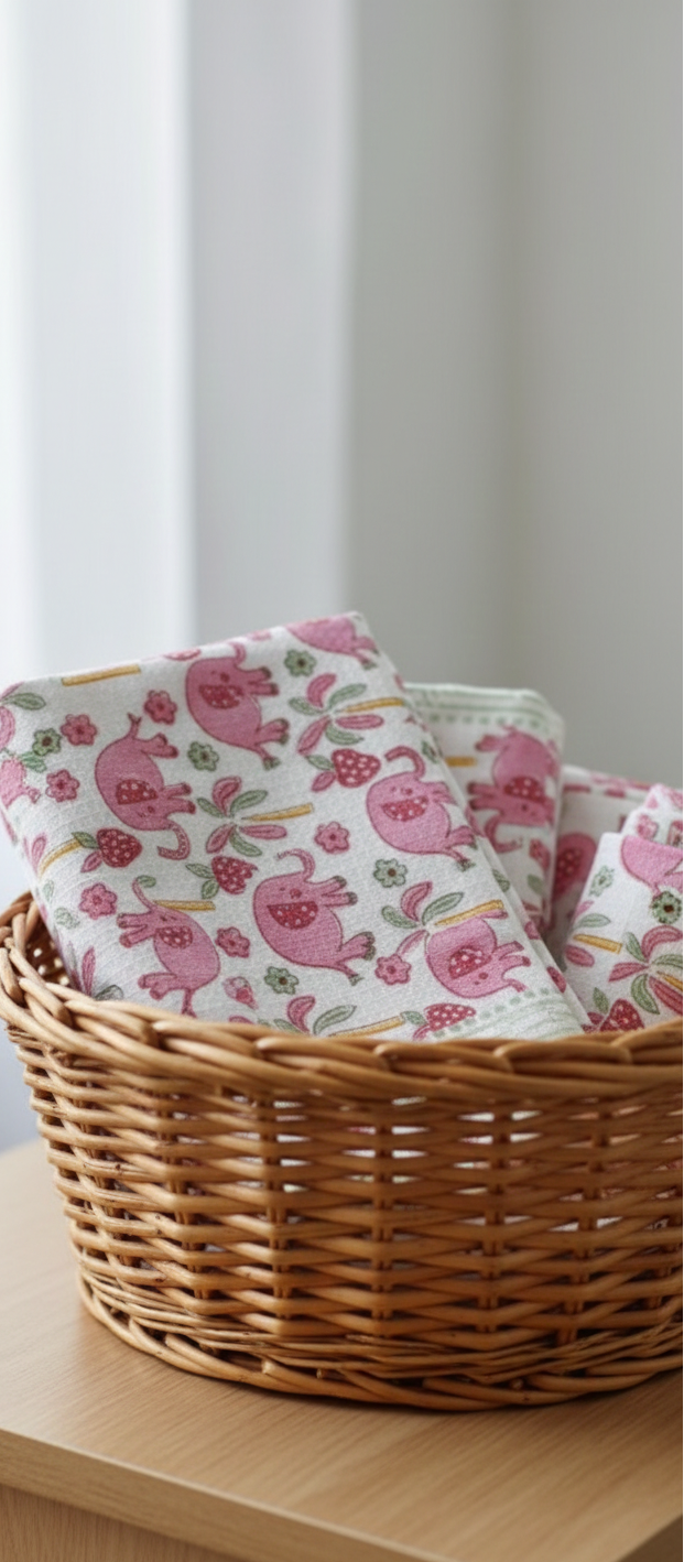 Wicker basket with floral-patterned fabric on a wooden surface
