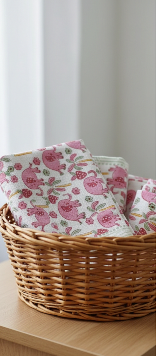 Wicker basket with floral-patterned fabric on a wooden surface
