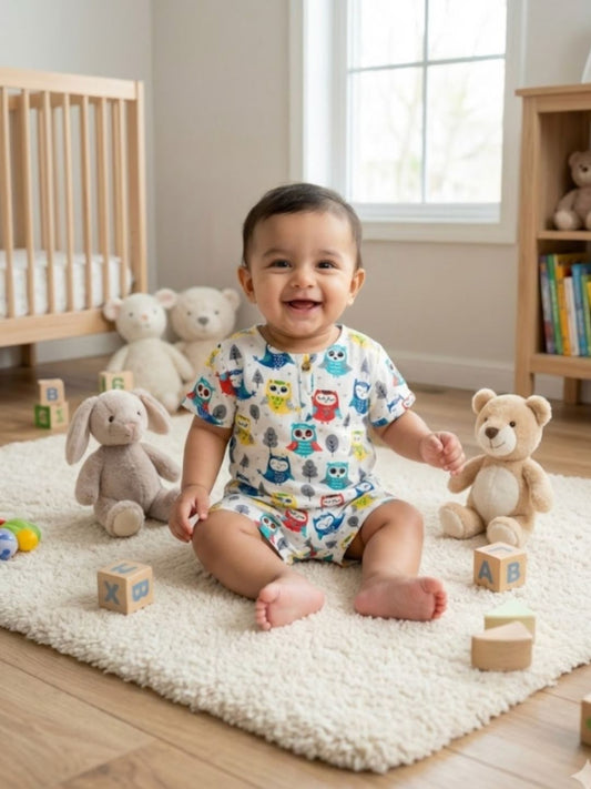 Baby sitting on a rug in a nursery with toys and books around