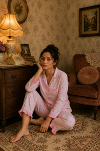 pink Heart  frill Lounge Set- Women PJ set -Pure Cotton-Regular fit