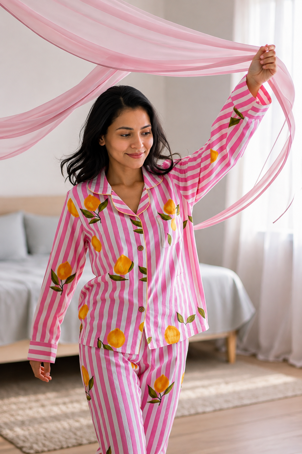 Pink Lemon Bliss Cotton Nightwear for Women – Relaxed Fit Pajama Set