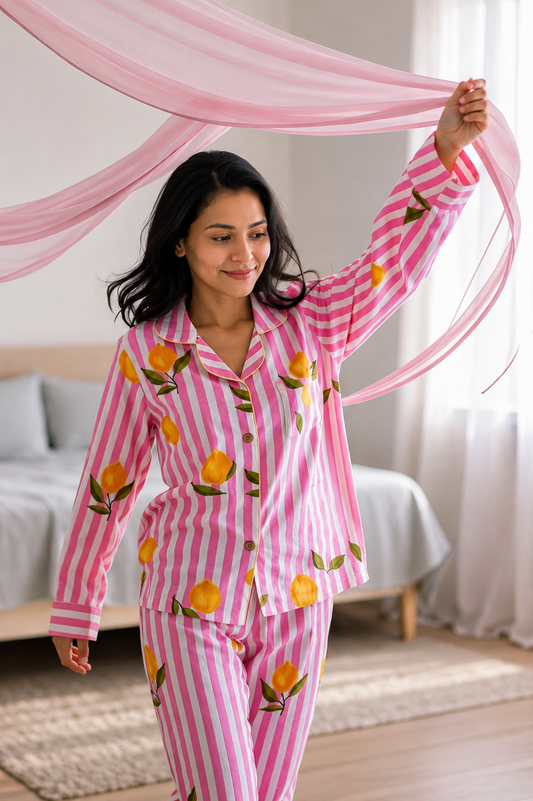Pink Lemon Bliss Cotton Nightwear for Women – Relaxed Fit Pajama Set