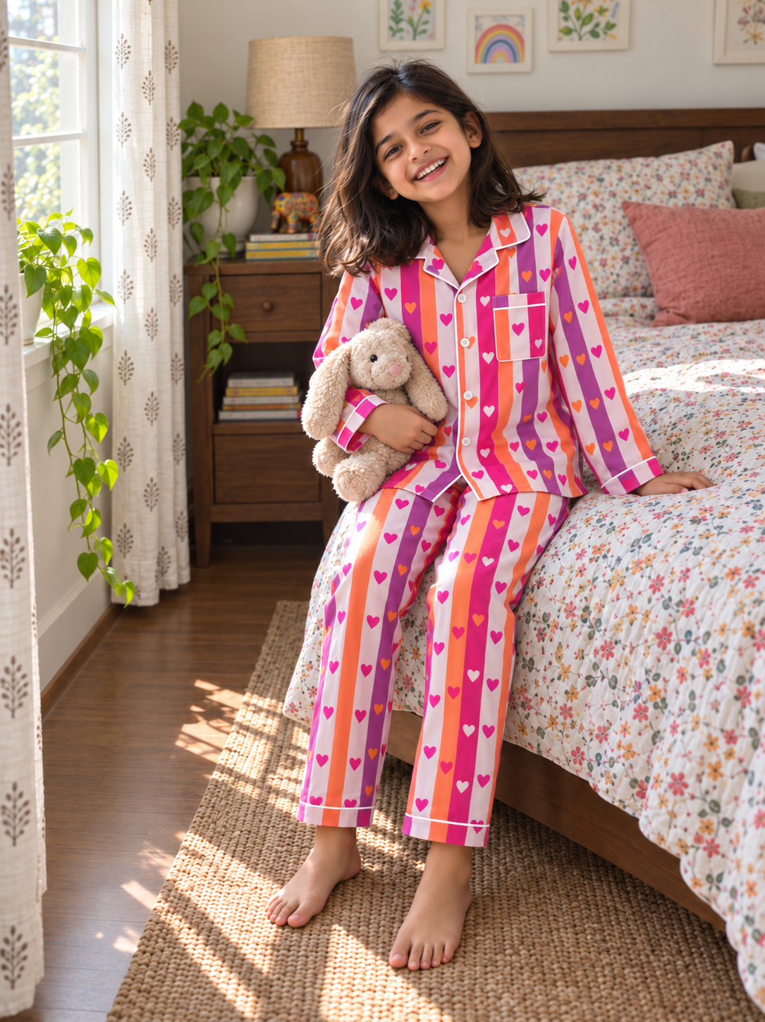 Rainbow heart stripes cotton Night suit
