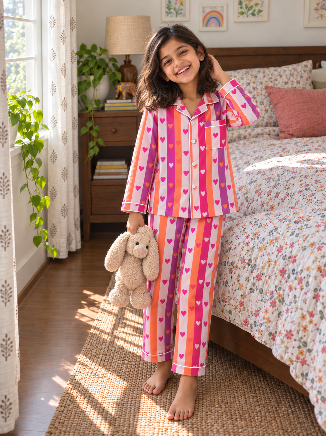 Rainbow heart stripes cotton Night suit