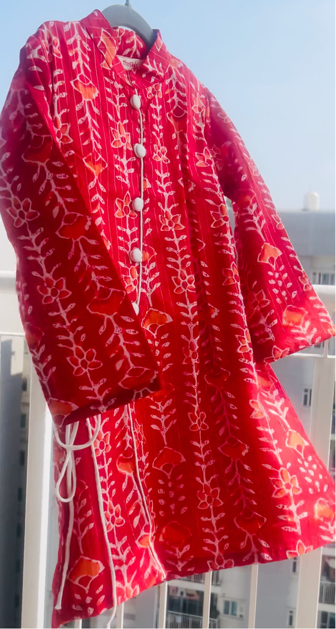 Handblock Print  side tie- Boys Ethnic Red Kurta pajama set