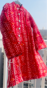Handblock Print  side tie- Boys Ethnic Red Kurta pajama set