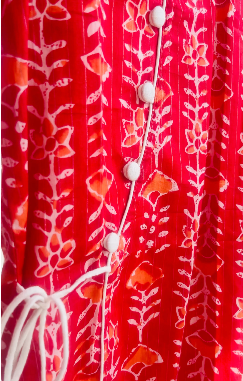 Handblock Print  side tie- Boys Ethnic Red Kurta pajama set