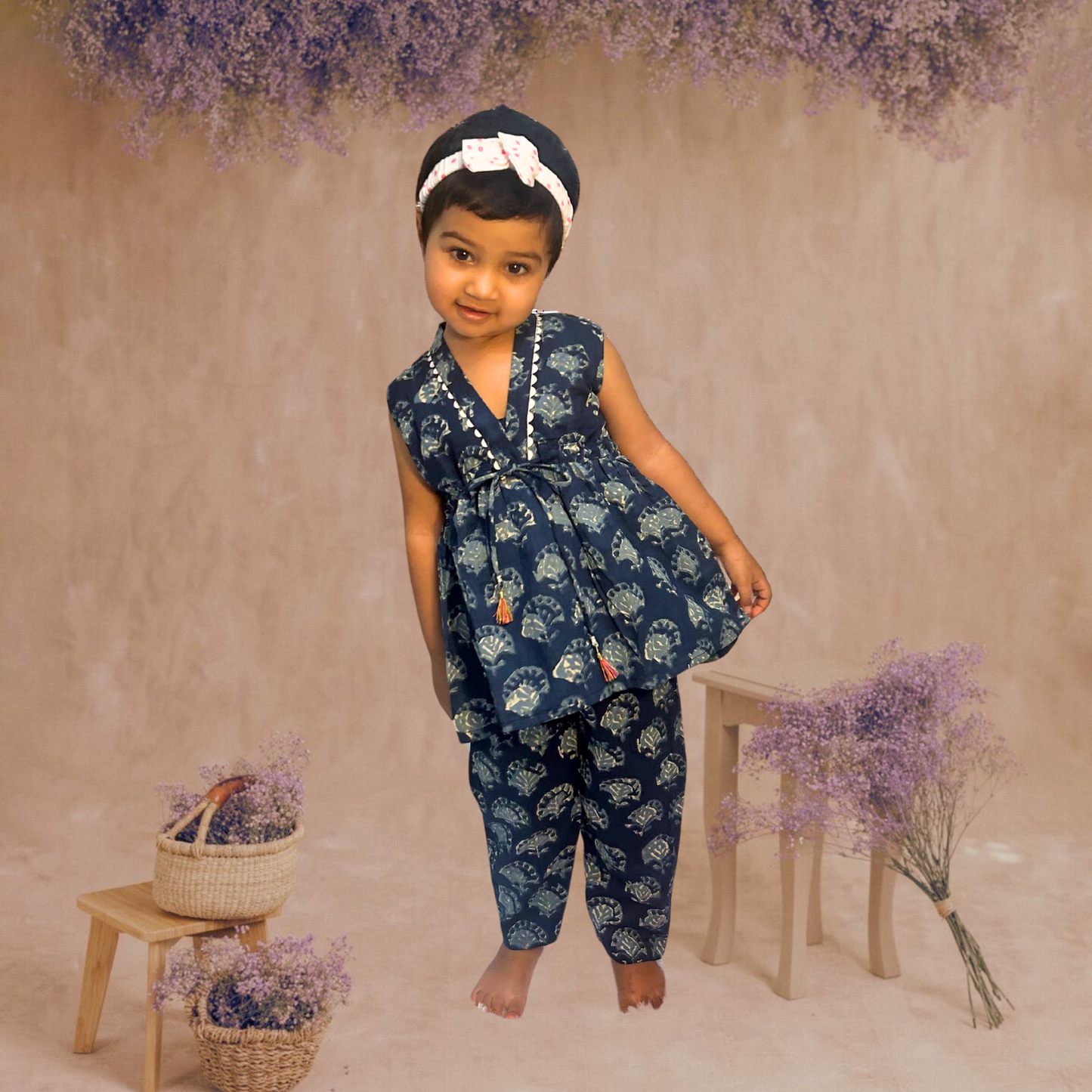 Radiant Blossoms: Indigo Blue Girls Pant and Top Set