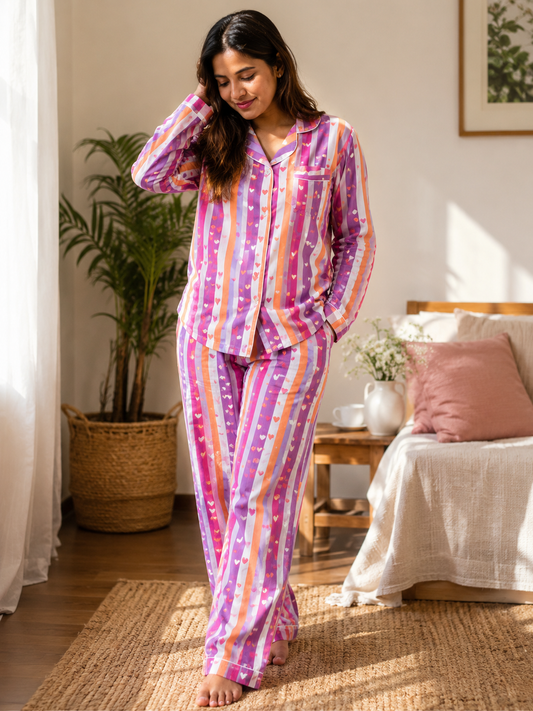 Mullticolor Striped Cotton Nightwear for Women – Relaxed Fit Pajama Set