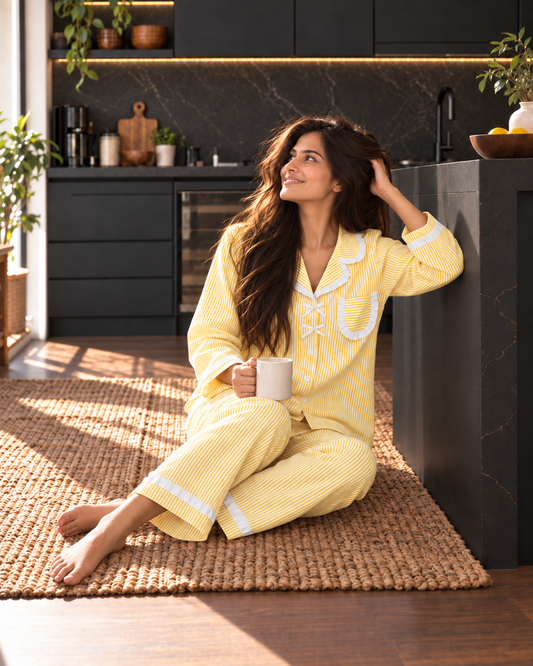 Lemon Yellow Slumber Pure Cotton Pajama Set with Vintage Frill Details-Relaxed Fit