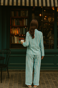 Classic Turquoise Striped Cotton Nightwear for Women – Relaxed Fit Pajama Set