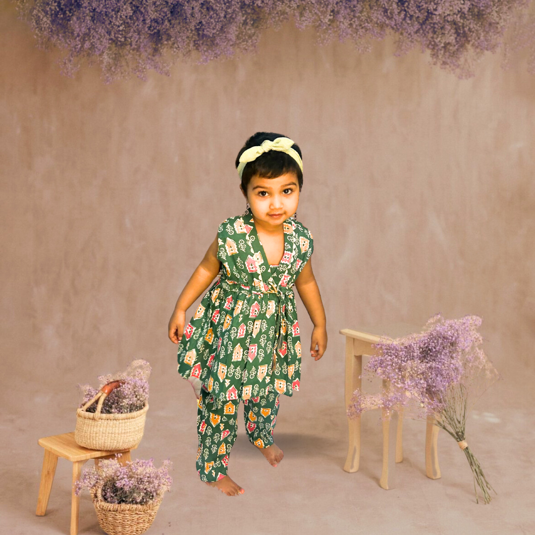 Emerald Elegance: Green Teej Dress for Kids