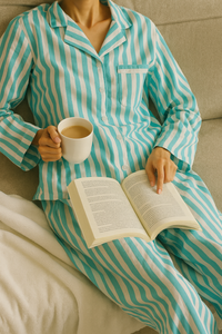 Classic Turquoise Striped Cotton Nightwear for Women – Relaxed Fit Pajama Set