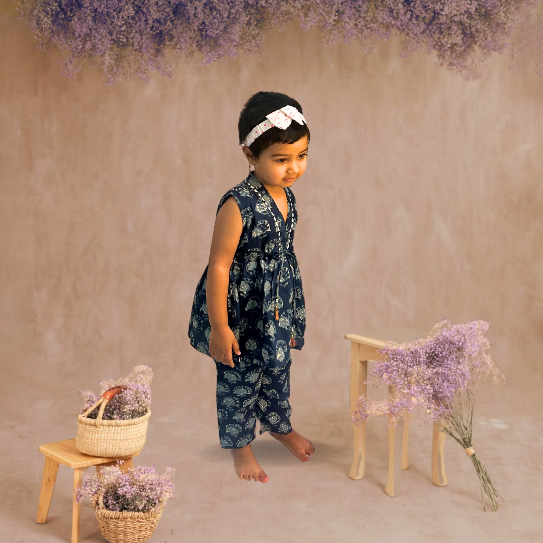 Radiant Blossoms: Indigo Blue Girls Pant and Top Set