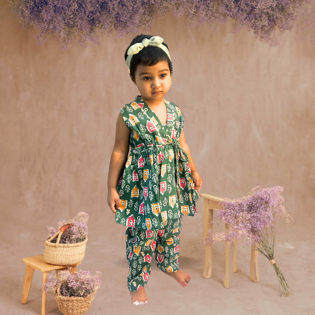 Emerald Elegance: Green Teej Dress for Kids