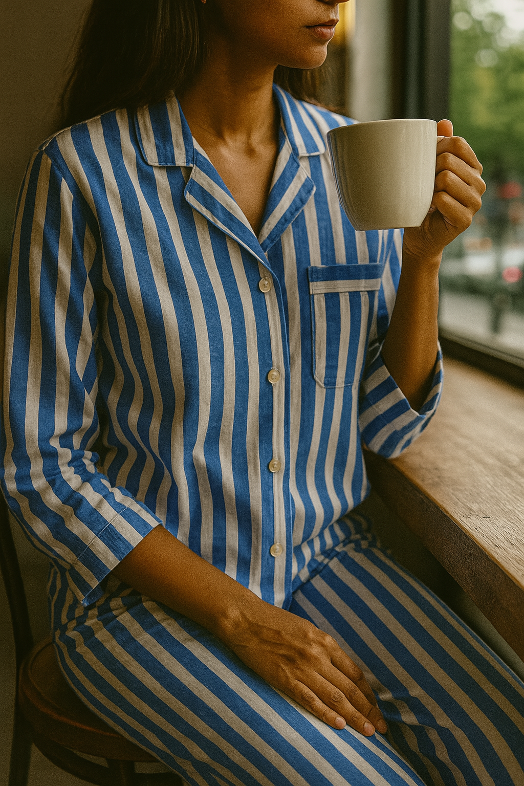 Classic Blue Striped Cotton Nightwear for Women – Relaxed Fit Pajama Set