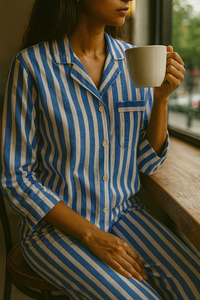 Classic Blue Striped Cotton Nightwear for Women – Relaxed Fit Pajama Set