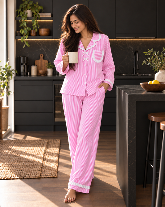 Pink  Slumber Pure Cotton Pajama Set with Vintage Frill Details-Relaxed Fit