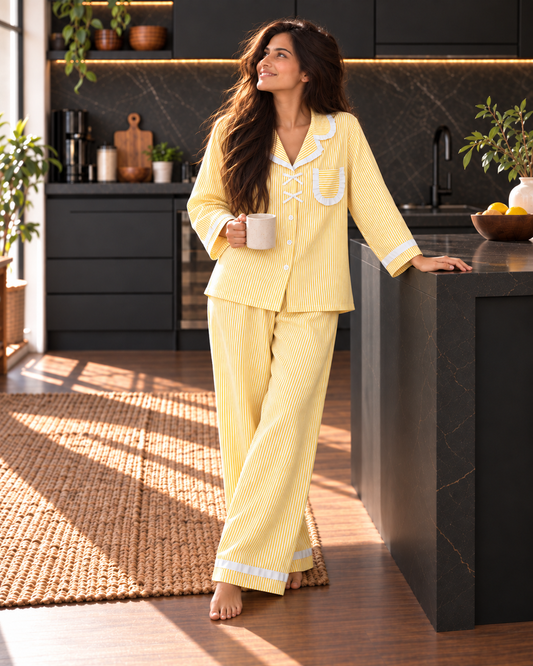 Lemon Yellow Slumber Pure Cotton Pajama Set with Vintage Frill Details-Relaxed Fit