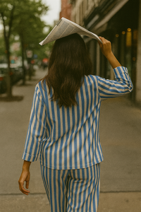 Classic Blue Striped Cotton Nightwear for Women – Relaxed Fit Pajama Set