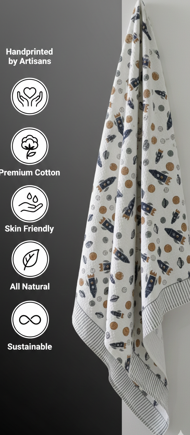 Handprinted towel with astronaut-themed pattern on a gray background