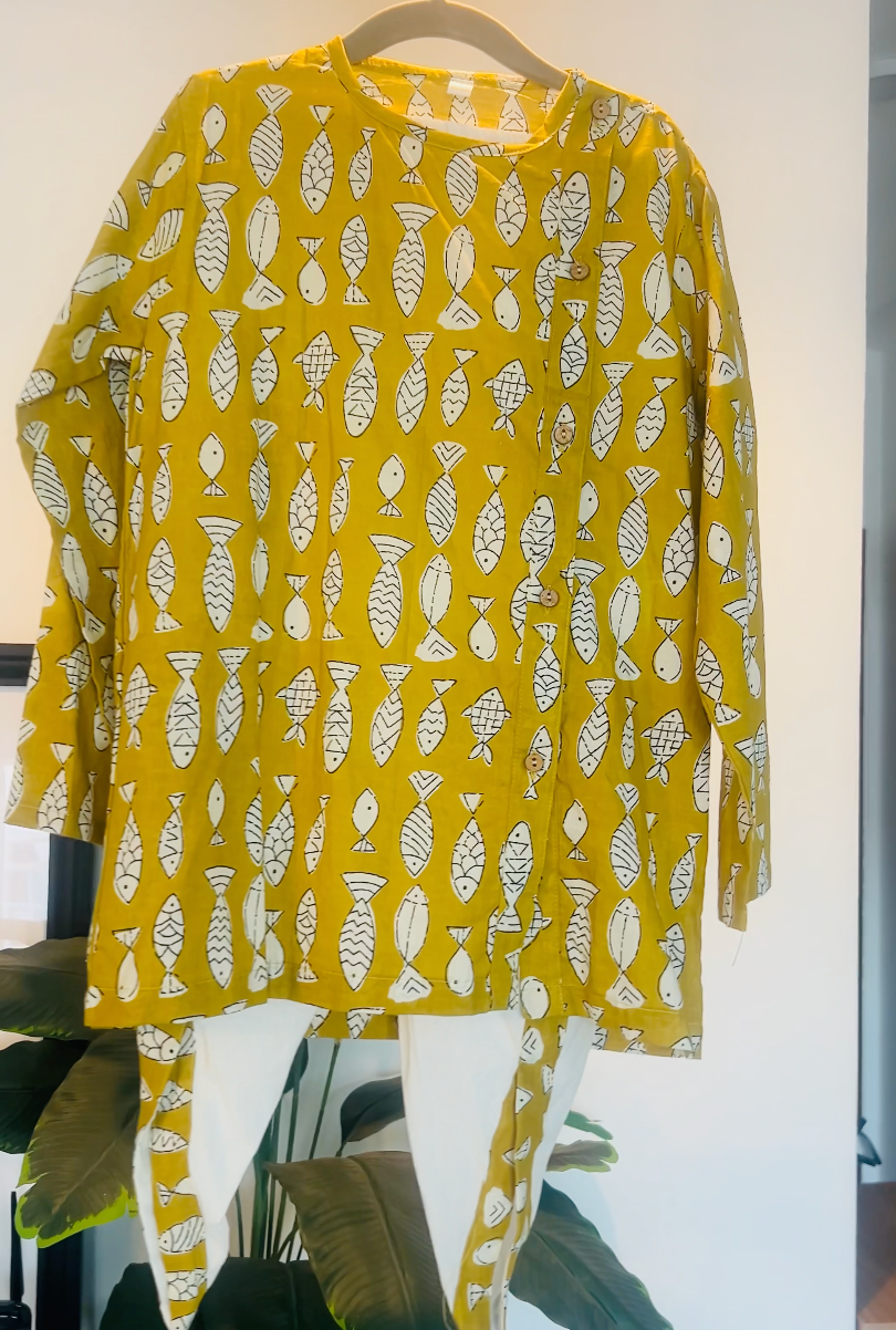 Bagru Handblock Print - Boys Ethnic yellow Kurta dhoti set